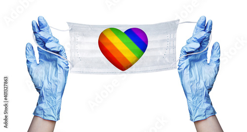 Hands in gloves, medical face mask heart pattern LGBT community rainbow flag color white background isolated, LGBTQ pride, gay, lesbian love life safety symbol, coronavirus protection, Valentines Day