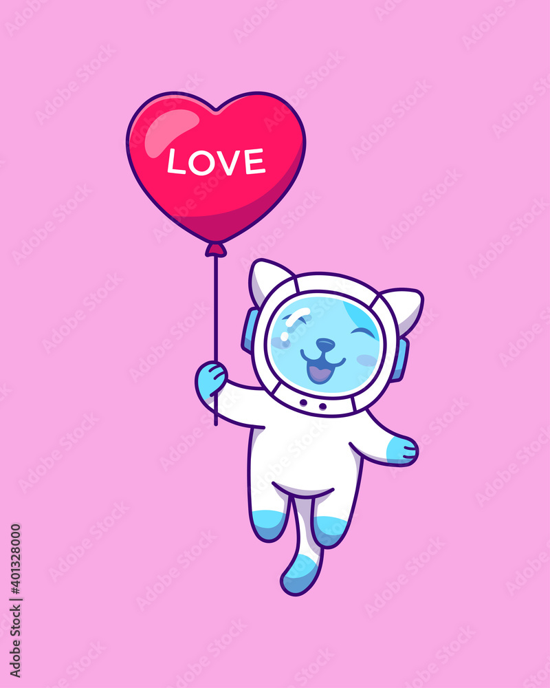 Cute cat floating with love balloon