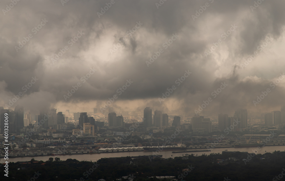 Bangkok, thailand - Oct 16, 2020 : PM 2.5 or Heavy smog was covered the Bangkok building the morning.There are air pollution under heavy cloud. Focus and blur.