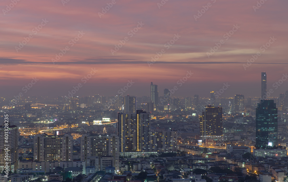 Bangkok, thailand - Dec 23, 2020 : Bangkok downtown cityscape in Business district with bright glowing lights at night give the city a modern style. No focus, specifically.