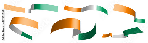Set of holiday ribbons. Cote d'Ivoire flag waving in wind. Separation into lower and upper layers. Design element. Vector on white background
