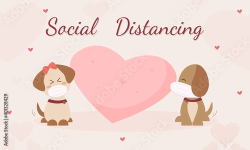 Love theme. Dogs wear masks for protect against COVID19 Virus germs. New normal and Valentines day theme. Dogs wear masks on heart background, vector. Cute embarrassed animals wear masks. 