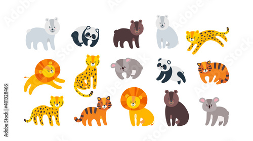 Zoo animals set with lion, leopard, tiger and bears. Big collection of wild animals. Vector illustration in flat style