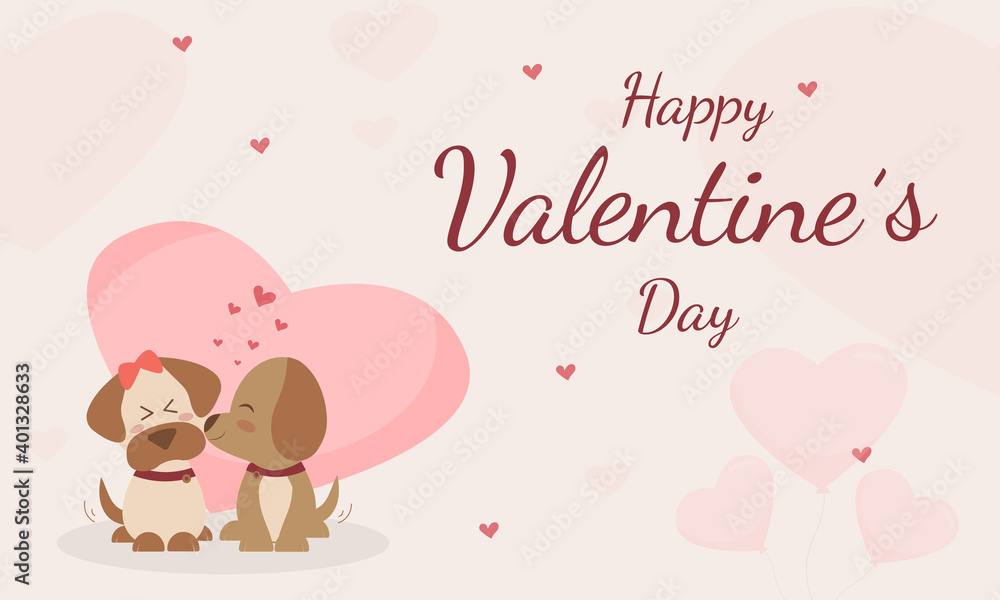 Happy Valentine's Day with cute dogs kissing greeting card. shy smiling dogs in love. Cute cartoon vector illustration card with little hearts on pastel color background.