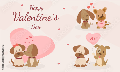 Happy Valentine's Day with cute dogs kiss and Character dogs are in love greeting card. The dog is shy and smiling in love. Vector illustration card with cute cartoon little Valentine. 