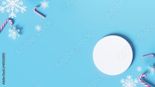 Minimal snowflake and podium on cool blue background for packaging and branding presentation, Product display in the coolness of winter white. realistic rendering. 3d illustration