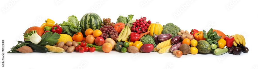 Assortment of fresh organic fruits and vegetables on white background. Banner design