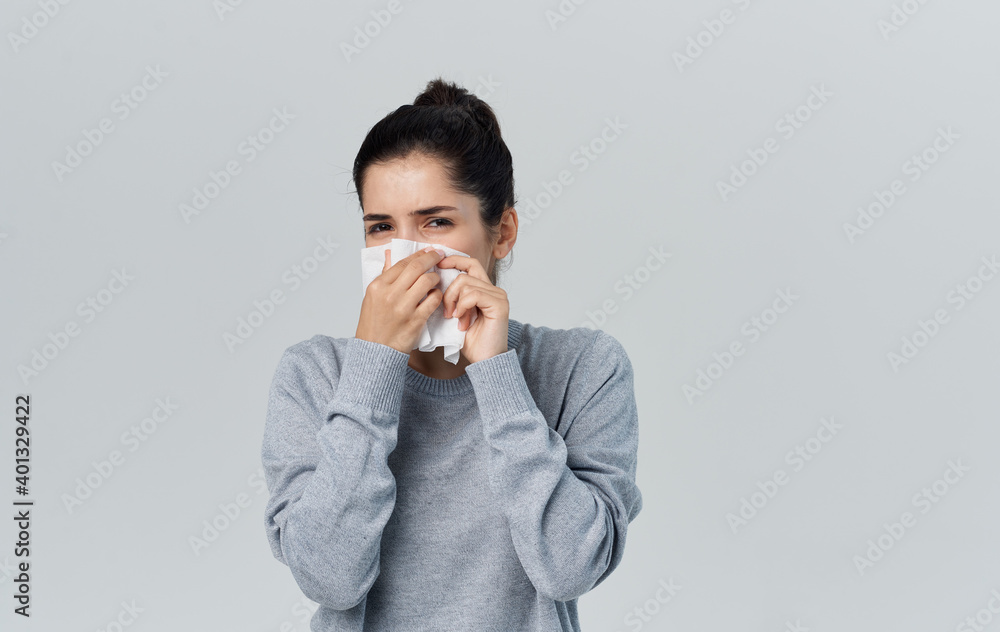 Runny nose woman with napkin health problems cropped view Runny nose woman with napkin health problems cropped view
