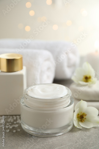 Spa composition with skin care products on light background