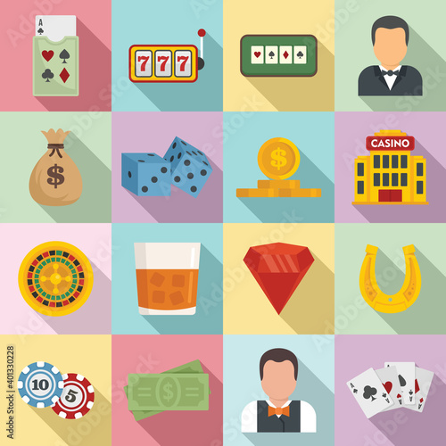 Croupier icons set. Flat set of croupier vector icons for web design