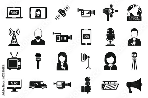 TV presenter news icons set. Simple set of TV presenter news vector icons for web design on white background