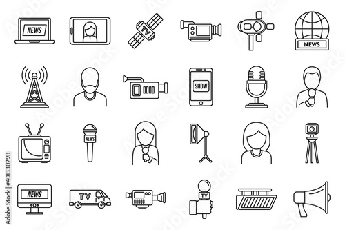TV presenter interview icons set. Outline set of TV presenter interview vector icons for web design isolated on white background