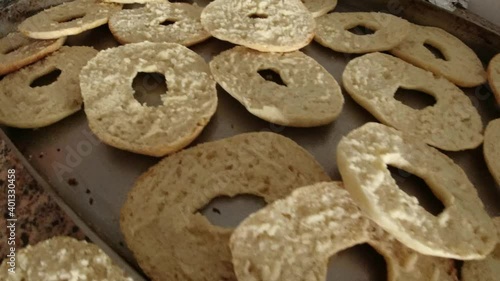 Overview of freshly baked fresella bread snacks. Calabra, Italy photo