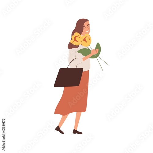 Cute woman enjoying smell of blooming flowers vector flat illustration. Happy female character carrying beautiful floristic bunch isolated on white. Casual person with seasonal blossoms bouquet