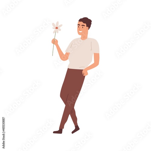 Funny guy holding white daisy flower vector flat illustration. Happy male car...
