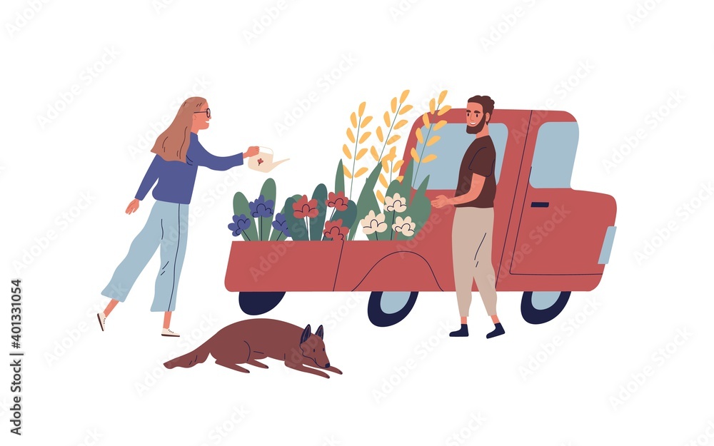 Obraz premium Man and woman gardeners selling flowers from van vector flat illustration. Male customer choosing garden plants at local outdoor floristic market or fair isolated on white background