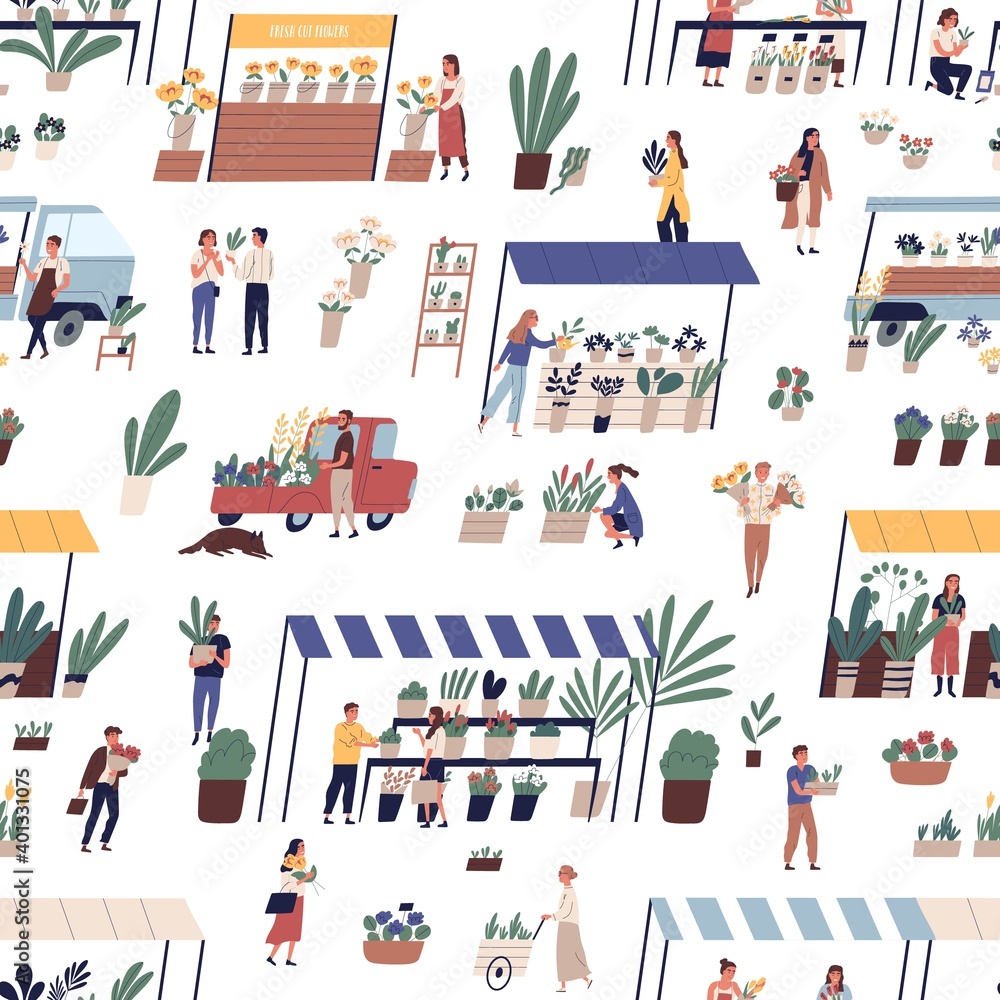 Local outdoor flower market or street fair seamless pattern. People customers and florists selling bouquets and potted houseplants vector flat illustration. Wallpaper with floristic stalls and shops