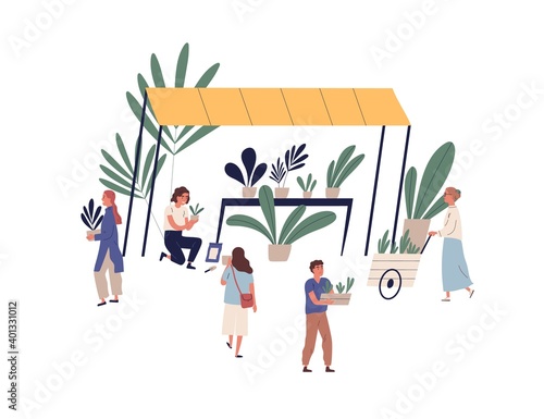 Stall or kiosk with plants at outdoor market or fair vector flat illustration. Woman florist selling houseplants and seedlings at street floral shop isolated. Customers with potted flowers
