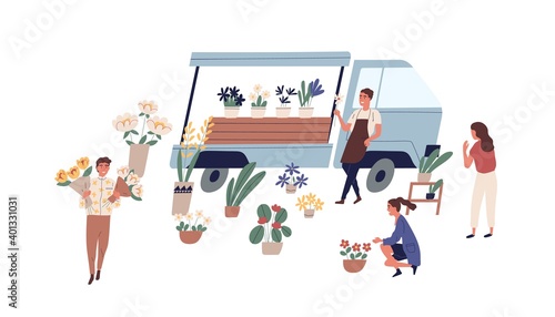 Male florist vendor in apron selling flowers from van at local market vector flat illustration. Man and woman customers walking and buying potted houseplants and bouquets. Outdoor floristic fair