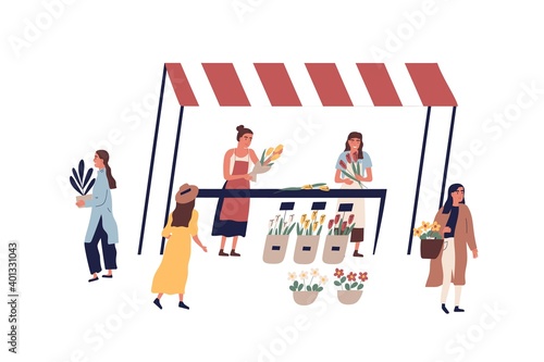 Female florists making and selling bouquets at outdoor market vector flat illustration. Customers walking and buying garden flowers at local fair or street floristic shop isolated on white