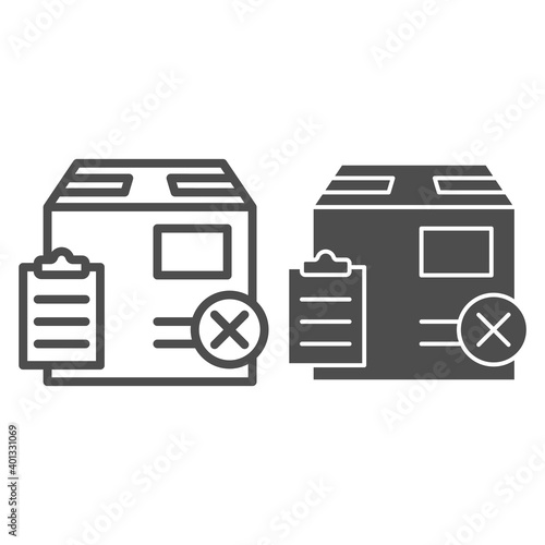 Parcel box with report and cross line and solid icon, Black bookkeeping concept, Fake delivery sign on white background, unpack cardboard box icon in outline style for mobile and web. Vector graphics.