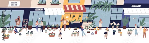 Local street flower market vector flat illustration. Happy man and woman buying or selling floristic bouquets, potted plants and houseplants. Outdoor floral fair with shops, stores, stalls and kiosks