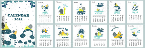 Digital Calendar Planner 2021 Year. Printable Snails Design Wall Calendar. Whole year on one page .