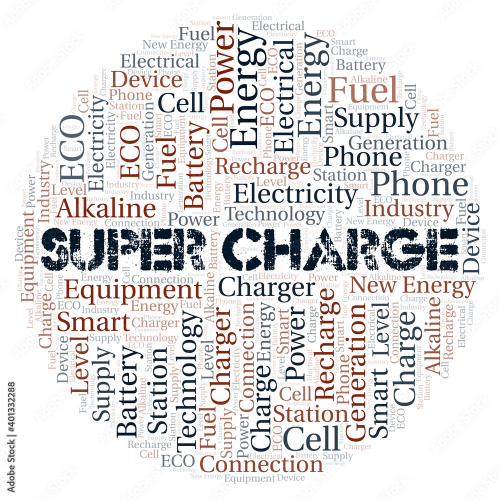 Super Charge typography word cloud create with the text only.