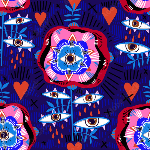 Folk psychedelic flash style rose plant flower with hearts and many eyes multicolor seamless pattern.