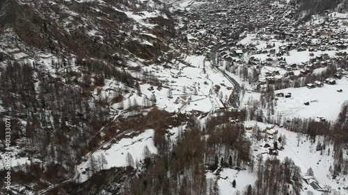 Aerial views of the swiss city of Zermatt in winter
