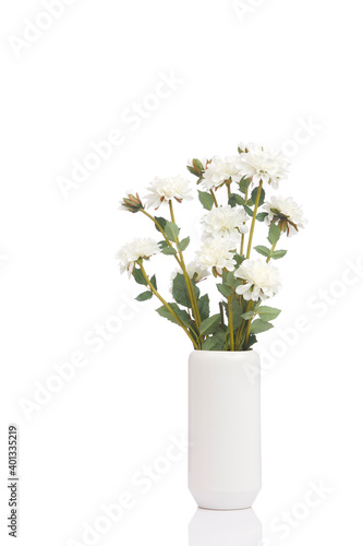 Blank white vase with flowers bouquet design on white background.