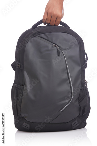 Black backpack isolated on white.