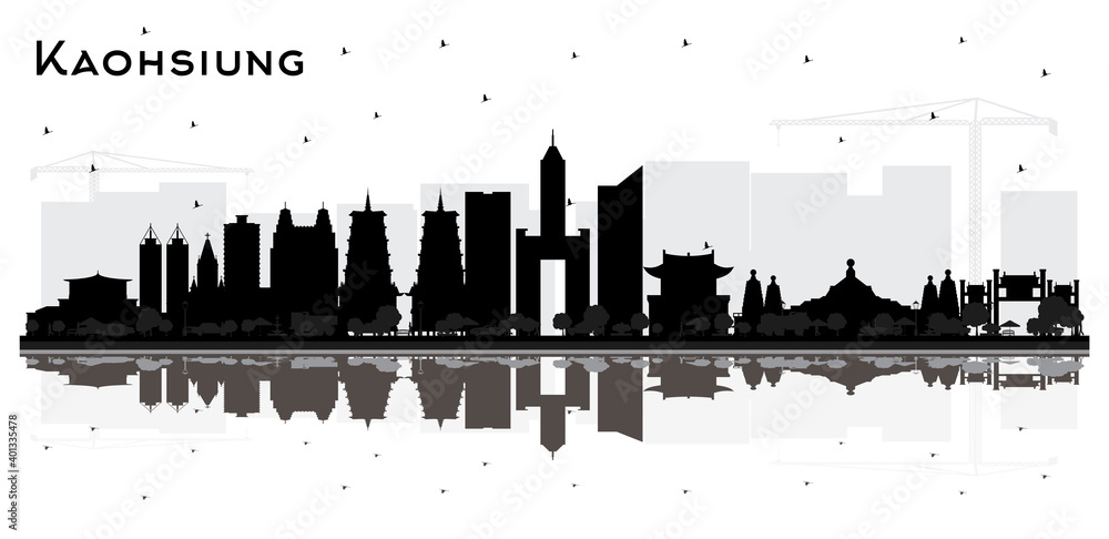 Kaohsiung Taiwan City Skyline Silhouette with Black Buildings and Reflections Isolated on White.