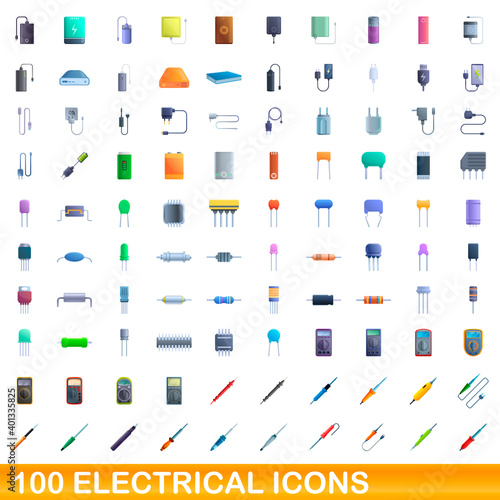 100 electrical icons set. Cartoon illustration of 100 electrical icons vector set isolated on white background