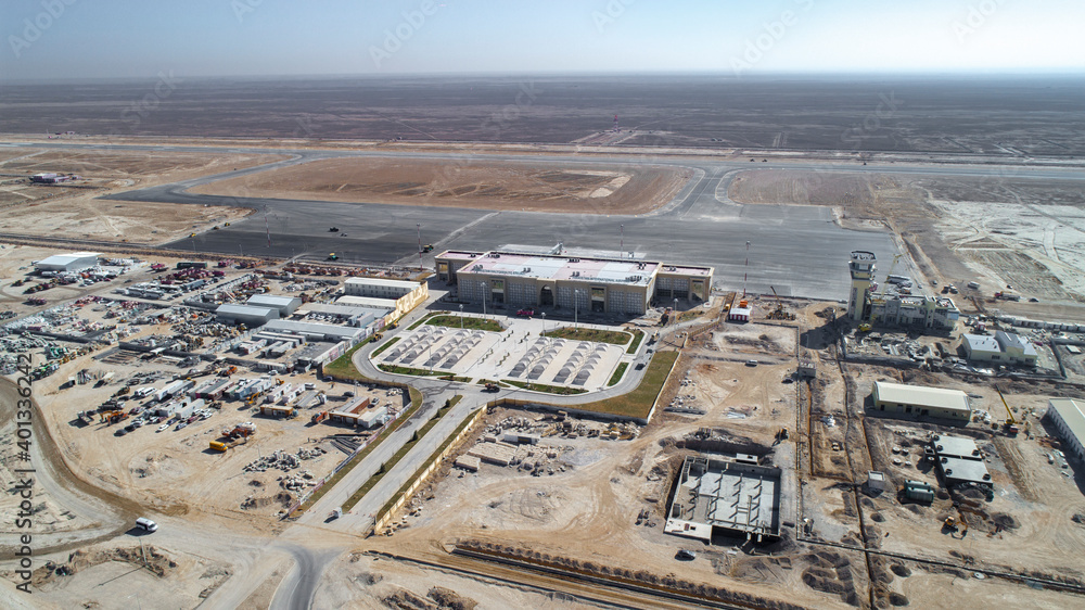 International airport construction. Overall plan. View from above. 