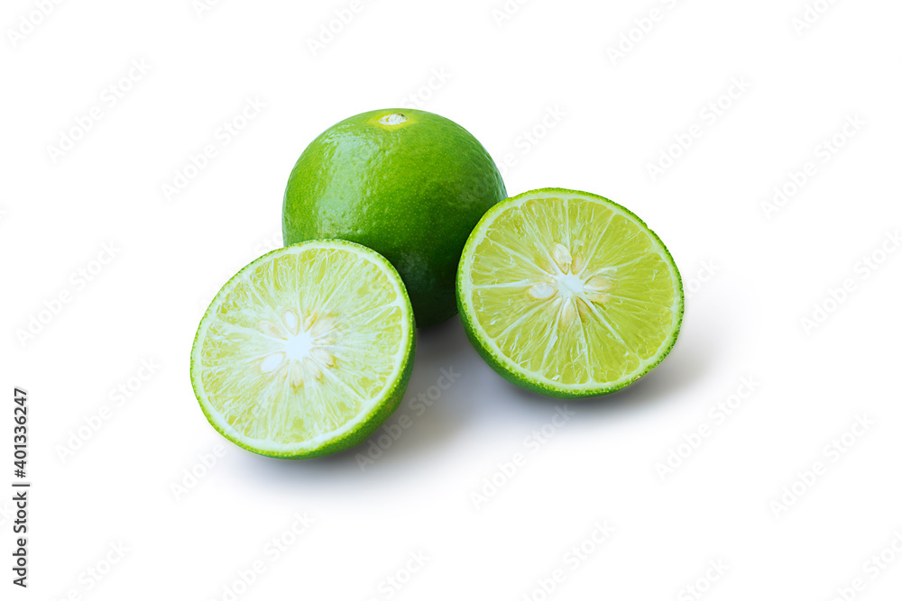 Green lime slices with half isolated on white background - Clipping path
