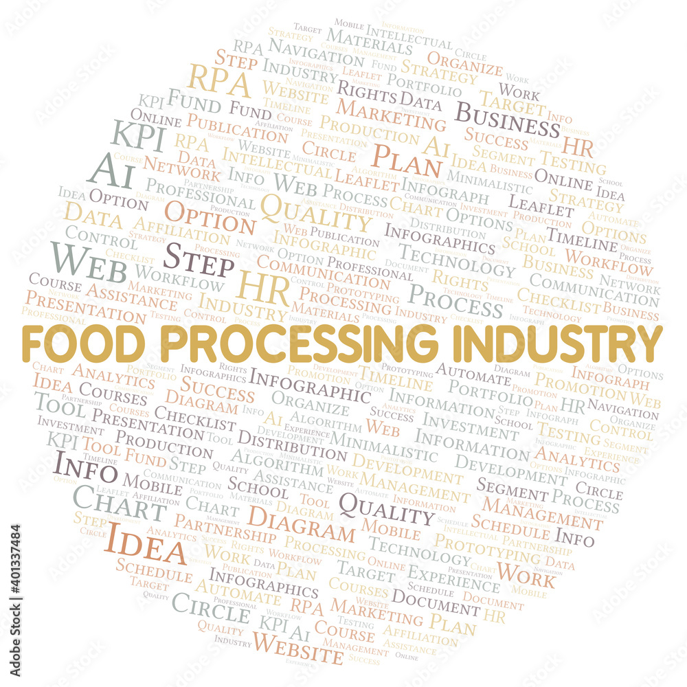 Food Processing Industry typography word cloud create with the text only. Food Processing Industry typography word cloud create with the text only.