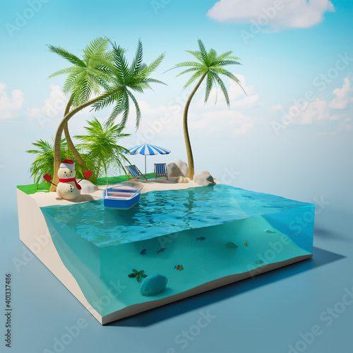 Fototapeta Naklejka Na Ścianę i Meble -  View of a tropical island in the ocean in the section. 3D illustration