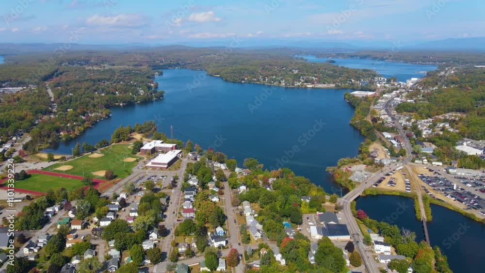 Laconia city center and Opechee Bay of Lake Winnipesaukee aerial view