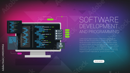 Software development and programming, program code on laptop screen, big data processing, computing