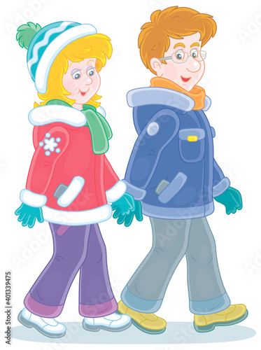 Young man and woman friendly smiling, talking and walking together hand in hand on a winter stroll, vector cartoon illustration isolated on a white background