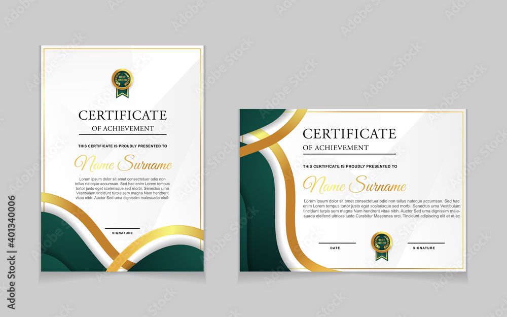 Set of certificate of achievement border design templates with elements of  luxury gold badges and modern line patterns. vector graphic print layout can use For award, appreciation, education