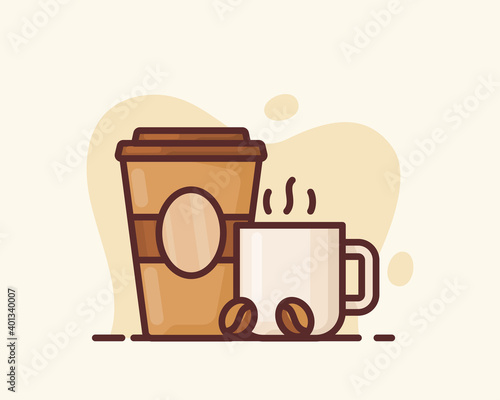 hot coffee in glass smoke coffee bean plastic cup blank brand with flat style vector design