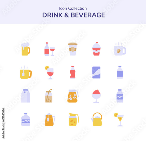 drink and beverage icon set collection package beer soda alkohol cocktail juice coffee tea milk glass jug cup bottle with color flat style