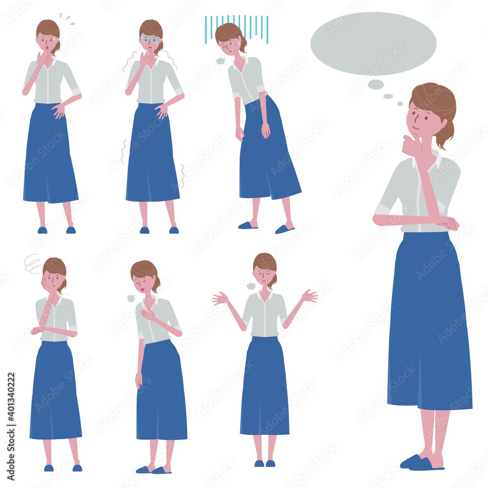 考え事をする・ネガティブな反応をする、女性のイラストセット