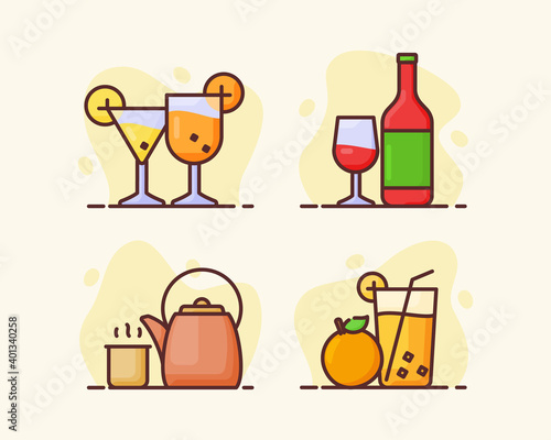 drink beverage icon set collection cocktail traditional drink orange juice wine with flat outline style