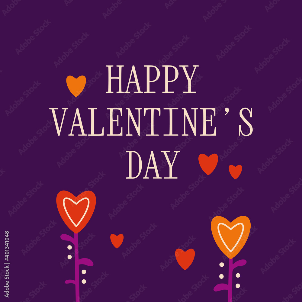 Happy Valentine's Day, February 14th. Vector card with flowers and hearts with lettering. Suitable for social media posts, instagram, mobile apps, marketing materials.