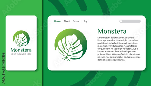 monstera logo and icon with mobile app and landing page template vector illustration