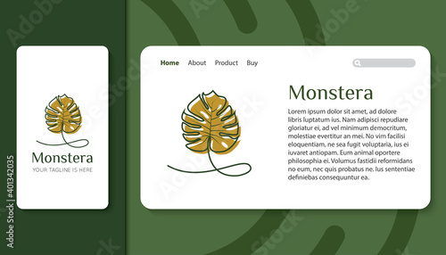 monstera logo and icon with mobile app and landing page template vector illustration