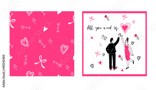 Collection of card and seamless pattern texture for Valentines Day with dancing couple in love. Set for Valentines day greeting cards with doodle characters, hand drawn vector illustration.